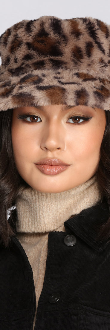 Faux Fur Leopard Bucket Hat for 2022 festival outfits, festival dress, outfits for raves, concert outfits, and/or club outfits