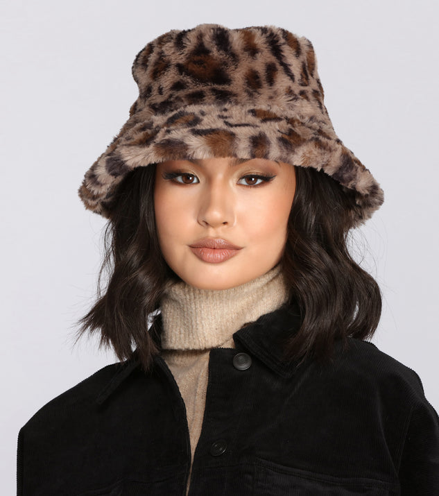 Faux Fur Leopard Bucket Hat for 2022 festival outfits, festival dress, outfits for raves, concert outfits, and/or club outfits
