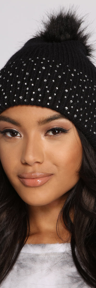 Rhinestone Glamour Pom Knit Beanie