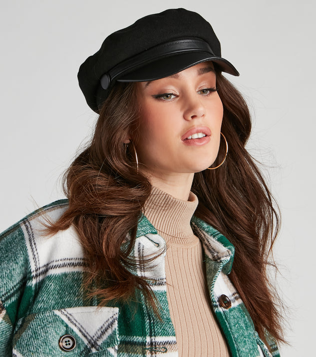 Downtown Chic Faux Leather Cabbie Hat is a trendy pick to create 2023 festival outfits, festival dresses, outfits for concerts or raves, and complete your best party outfits!