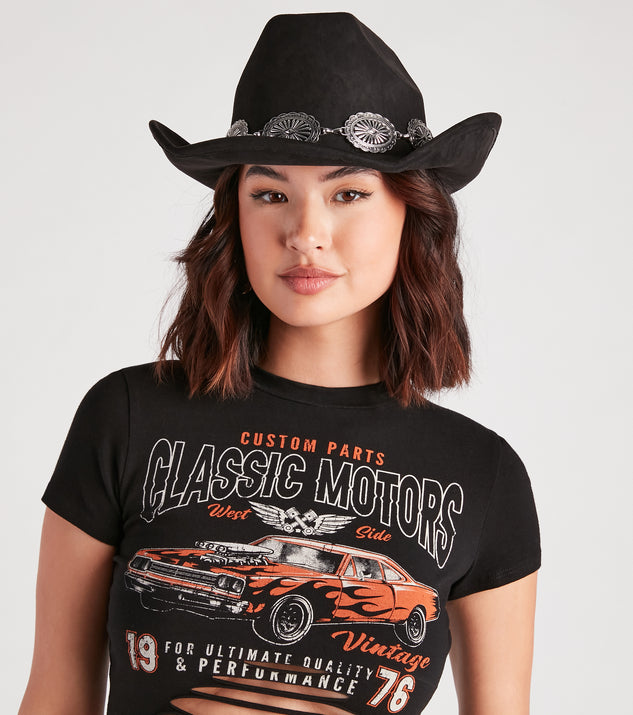 Western Threads Faux Suede Cowboy Hat is a fire pick to create 2023 festival outfits, concert dresses, outfits for raves, or to complete your best party outfits or clubwear!