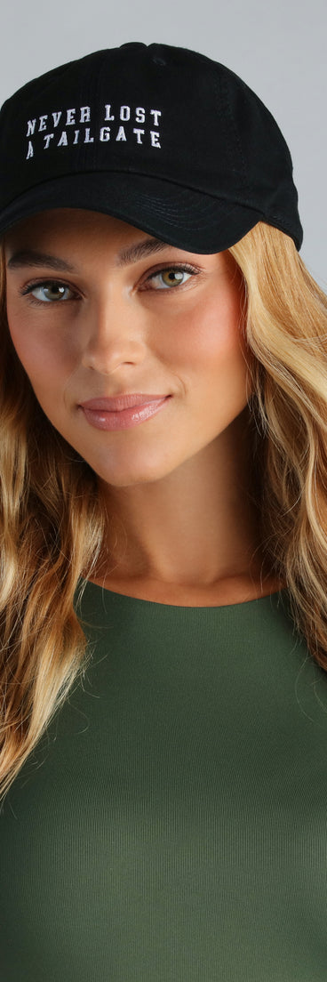 Never Lost A Tailgate Baseball Cap is a fire pick to create a concert outfit, 2024 festival looks, outfits for raves, or to complete your best party outfits or clubwear!