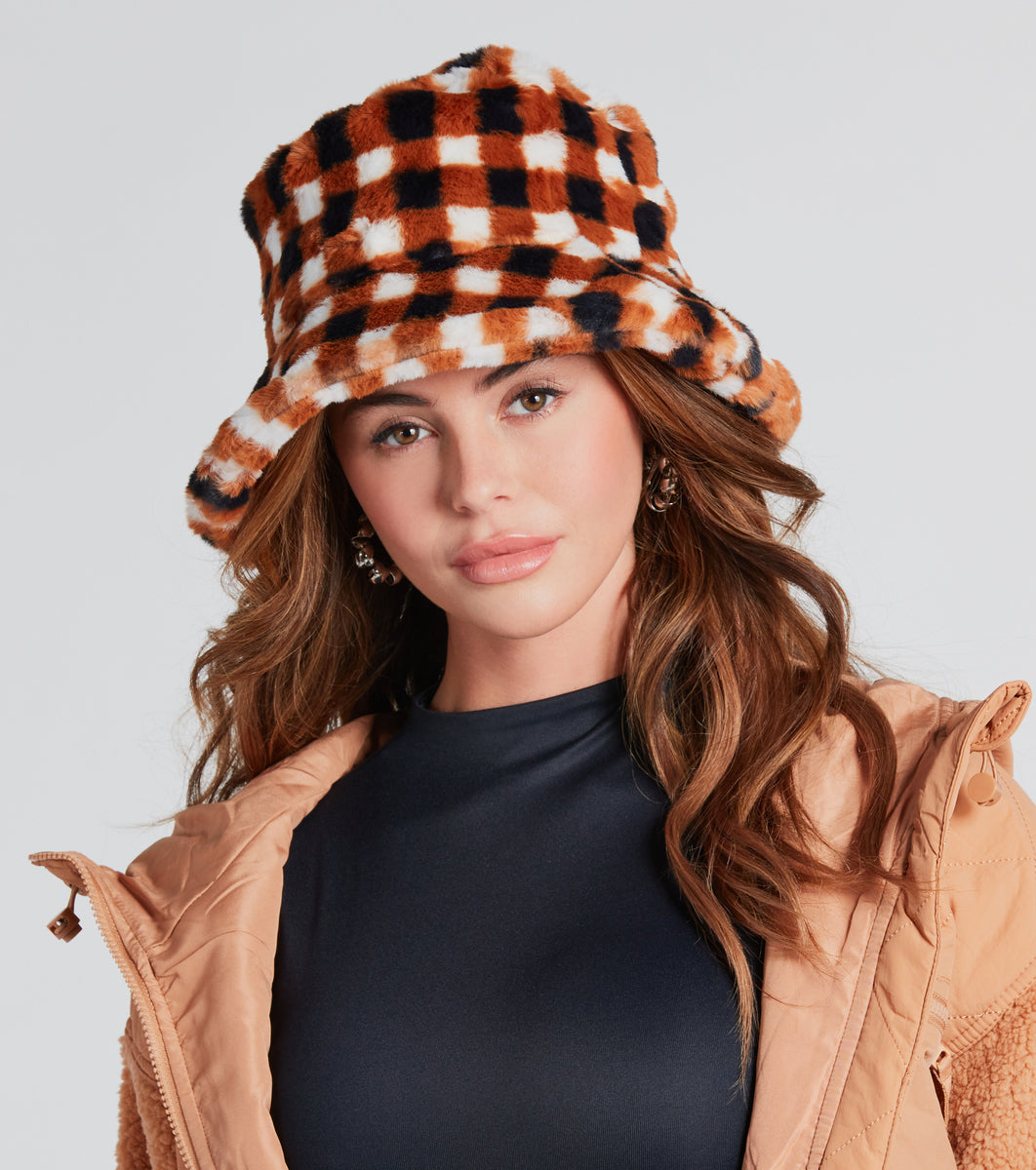 Chilly Days Gingham Faux Fur Bucket Hat
