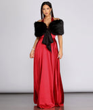 All Class Black Faux Fur Shawl styled by Windsor with Red Satin Halter Gown, Rhinestone Bracelet, and Rhinestone Duster Earrings