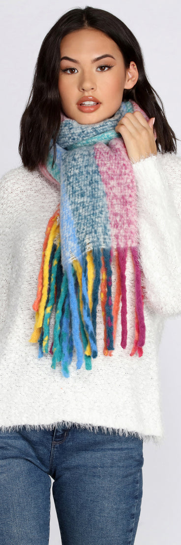 Rainbow Striped Fringe Scarf for 2022 festival outfits, festival dress, outfits for raves, concert outfits, and/or club outfits