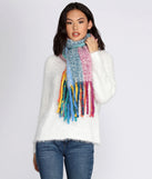 Rainbow Striped Fringe Scarf for 2022 festival outfits, festival dress, outfits for raves, concert outfits, and/or club outfits