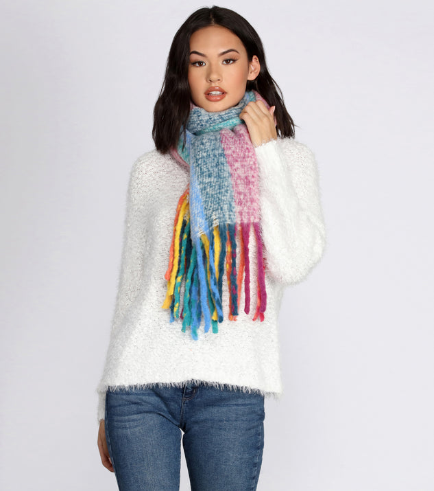 Rainbow Striped Fringe Scarf for 2022 festival outfits, festival dress, outfits for raves, concert outfits, and/or club outfits