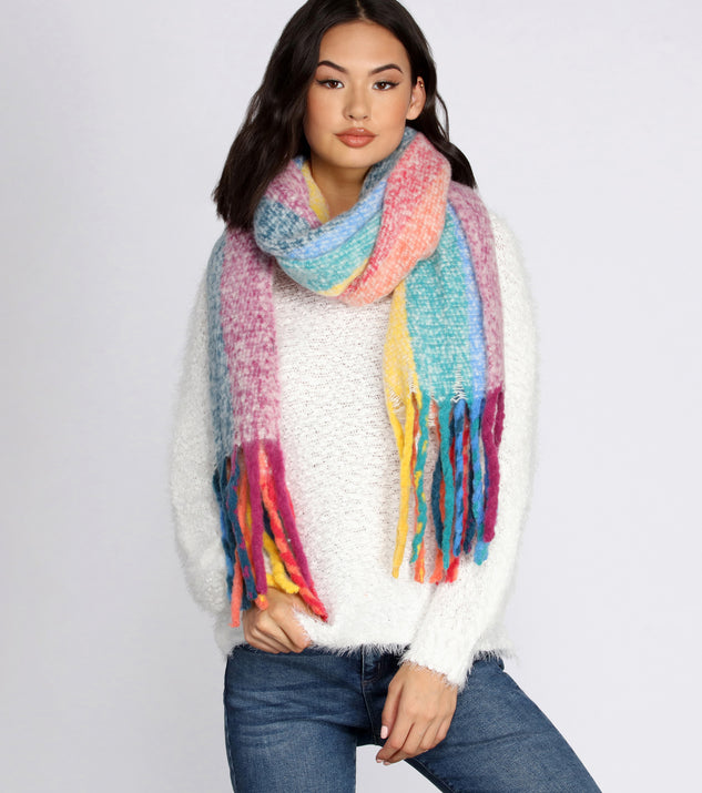 Rainbow Striped Fringe Scarf for 2022 festival outfits, festival dress, outfits for raves, concert outfits, and/or club outfits