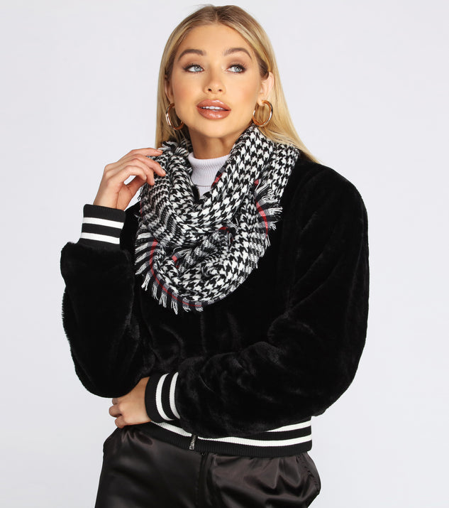 Frayed Houndstooth Plaid Infinity Scarf