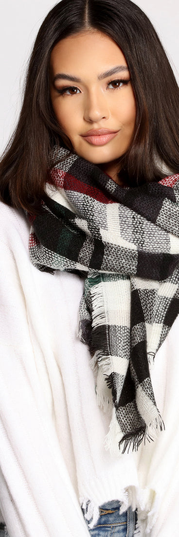 Cozy Cutie Plaid Frayed Blanket Scarf