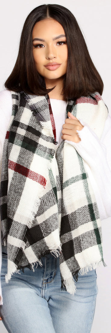 Cozy Cutie Plaid Frayed Blanket Scarf
