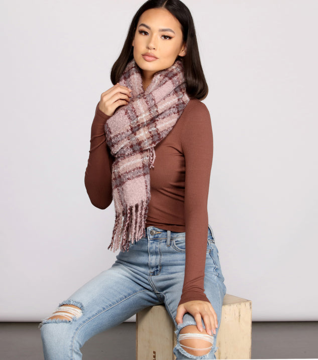 Cozy Knit Frayed Plaid Blanket Scarf