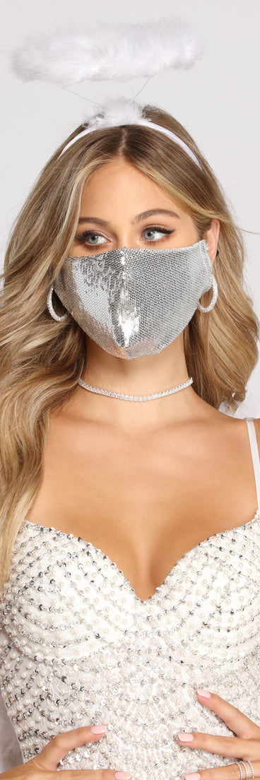 Shimmering Silver Sequin Face Mask styled with Windsor Angel Costumes