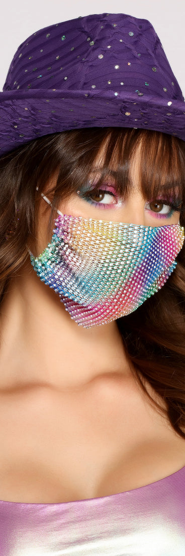 Rainbow Rhinestone Mesh Face Mask