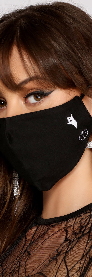Ghost and Pumpkin Graphic on Left Side of Halloween Night Face Mask With Earloops