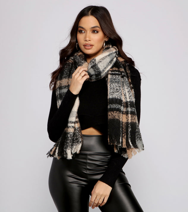 Cozy Plaid Frayed Blanket Scarf