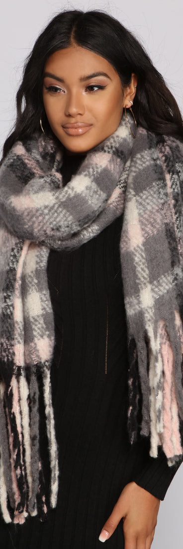 Cozy Plaid Fringe Blanket Scarf for 2022 festival outfits, festival dress, outfits for raves, concert outfits, and/or club outfits