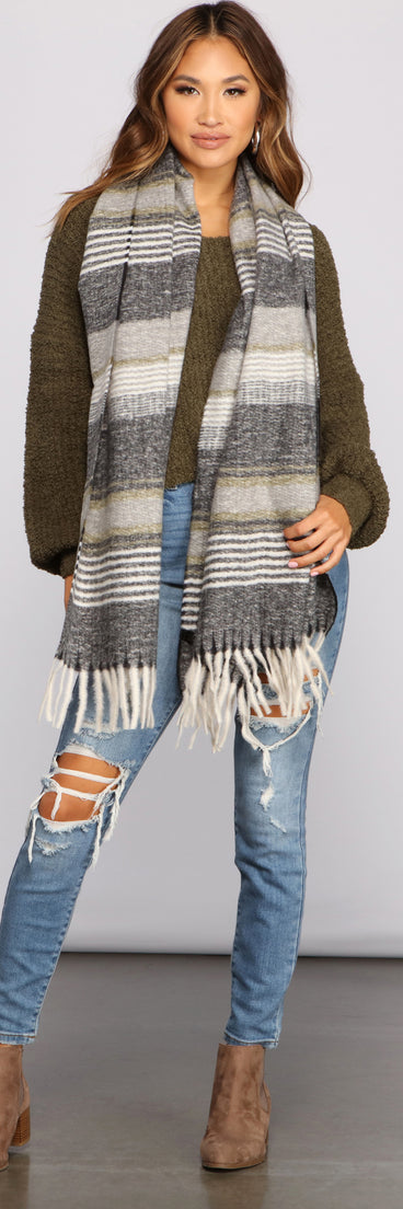 Sweet In Stripes Knit Fringe Blanket Scarf for 2022 festival outfits, festival dress, outfits for raves, concert outfits, and/or club outfits