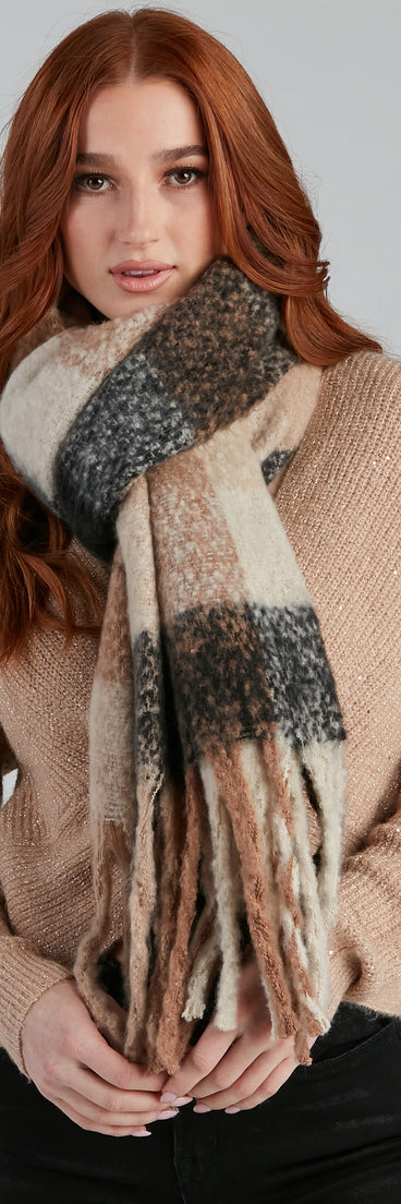 Buffalo Plaid Noodle Fringe Blanket Scarf for 2022 festival outfits, festival dress, outfits for raves, concert outfits, and/or club outfits