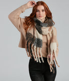 Buffalo Plaid Noodle Fringe Blanket Scarf for 2022 festival outfits, festival dress, outfits for raves, concert outfits, and/or club outfits
