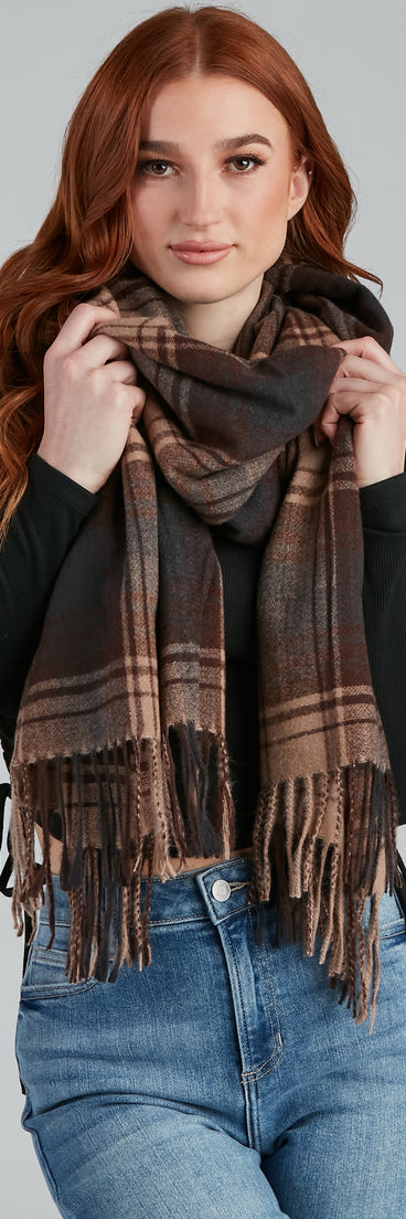 Weekend Cozy Plaid Fringe Scarf for 2022 festival outfits, festival dress, outfits for raves, concert outfits, and/or club outfits