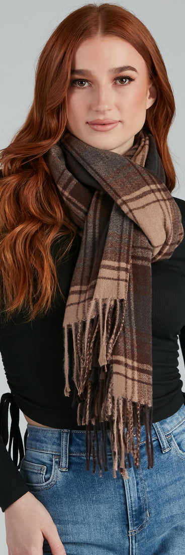 Weekend Cozy Plaid Fringe Scarf for 2022 festival outfits, festival dress, outfits for raves, concert outfits, and/or club outfits