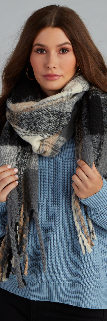 Apple Cider Plaid Noodle Fringe Scarf for 2022 festival outfits, festival dress, outfits for raves, concert outfits, and/or club outfits