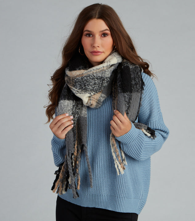 Apple Cider Plaid Noodle Fringe Scarf for 2022 festival outfits, festival dress, outfits for raves, concert outfits, and/or club outfits