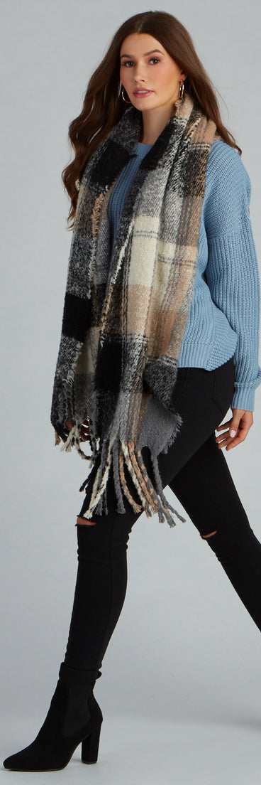 Apple Cider Plaid Noodle Fringe Scarf for 2022 festival outfits, festival dress, outfits for raves, concert outfits, and/or club outfits