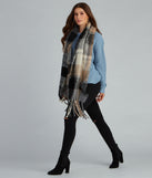 Apple Cider Plaid Noodle Fringe Scarf for 2022 festival outfits, festival dress, outfits for raves, concert outfits, and/or club outfits