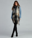 Apple Cider Plaid Noodle Fringe Scarf for 2022 festival outfits, festival dress, outfits for raves, concert outfits, and/or club outfits