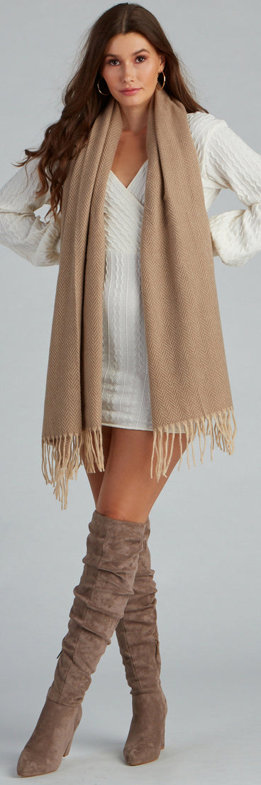 Bundle Up Chevron Fringe Scarf for 2022 festival outfits, festival dress, outfits for raves, concert outfits, and/or club outfits