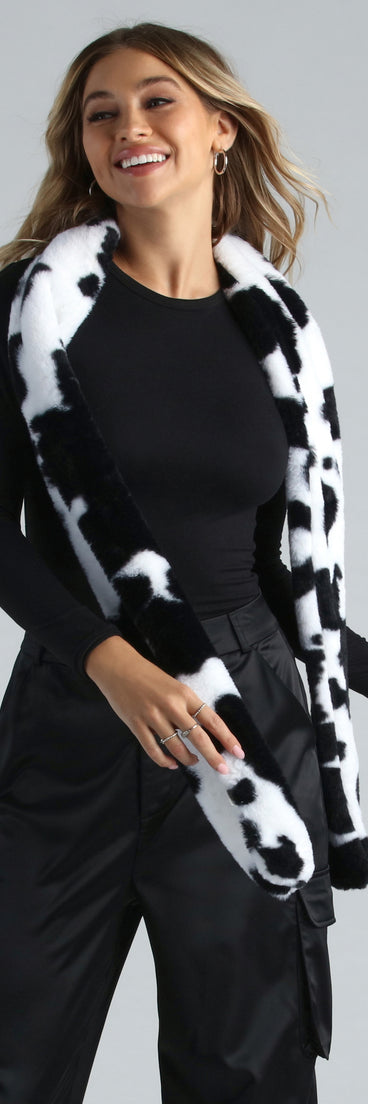 Get Spotted Cow Print Faux Fur Scarf