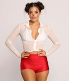 Circus Cutie Adhesive Face Gems for Women's Clown Costume styled by Windsor for Halloween with Long Sleeve White Mesh Button Down Top and Red Hot Shorts