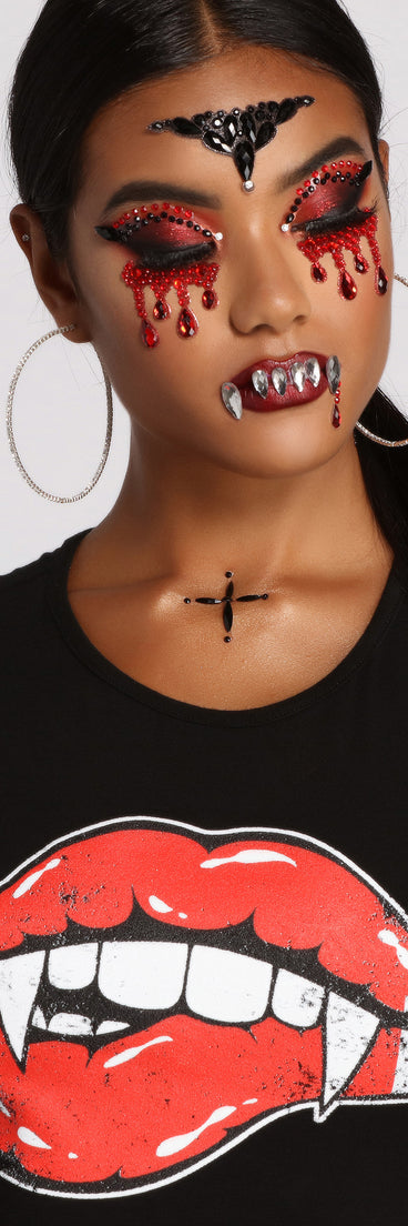 Countess of the Night Adhesive Halloween Face Gems styled by Windsor with Beauty Makeup, Faux Eyelashes, and Halloween Graphic T-Shirt