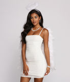 Sweet White Feathered Angel Halo styled as Windsor's Angel Costume with Beauty Makeup, Rhinestone Earrings and Necklace Set, Rhinestone Bracelet, Heatstone Mini Dress, and White Feather Angel Wings