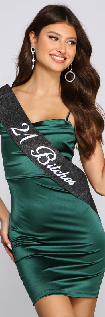21 Bitches Glitter Sash for 2022 festival outfits, festival dress, outfits for raves, concert outfits, and/or club outfits