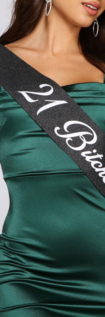 21 Bitches Glitter Sash for 2022 festival outfits, festival dress, outfits for raves, concert outfits, and/or club outfits