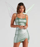 Women’s green fairy costume styled with a matching holographic green top and skirt costume set, and a costume crown