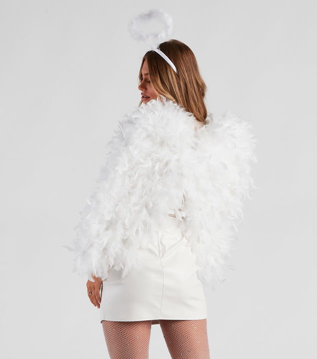 Back view of white feather angel wings styled as a white angel costume for women