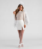 White feather angel wings styled as a women’s red angel costume from Windsor’s Halloween Costume Shop 2022