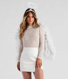 Women’s angel costume from Windsor styled with an embroidered white bodysuit, mini skirt, rhinestone fishnet tights, statement jewelry, white angel wings, and feathery costume halo headband