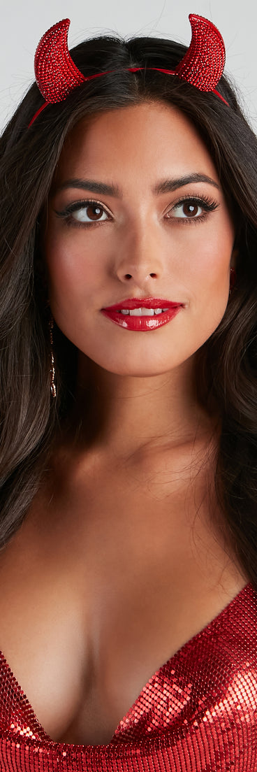 Devious Hottie Rhinestone Horn Headband styled as a women's devil costume