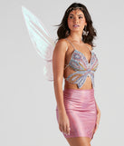 Women’s fairy costume from Windsor styled with a butterfly crop top, holographic pink skirt, butterfly costume jewelry, fairy wings, and costume fairy crown with dangling charms 