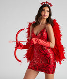 Women’s cupid costume from Windsor styled with a red sequin dress, satin gloves, heart costume headband, feather cupid wings, and a bow and arrow set