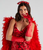 Luxe Lady Red Satin Gloves for women's Halloween costume ideas including this cupid costume styled with red wings, a heart headband, and red sequin dress