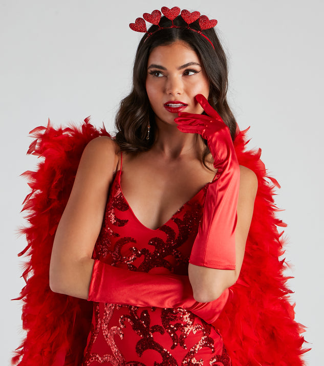 Luxe Lady Red Satin Gloves for women's Halloween costume ideas including this cupid costume styled with red wings, a heart headband, and red sequin dress