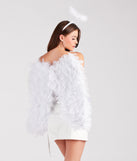 Back view of white feather angel wings styled as a white angel costume for women.