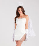 White feather angel wings styled as an adult angel costume from Windsor’s Halloween Costume Shop 2023.