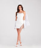 Women's White Angel Costume from Windsor styled with white feather angel wings, matching halo headband, white satin gloves, a sultry corset dress with a rhinestone fringe slit and marabou feather trim, and feather trim heels.
